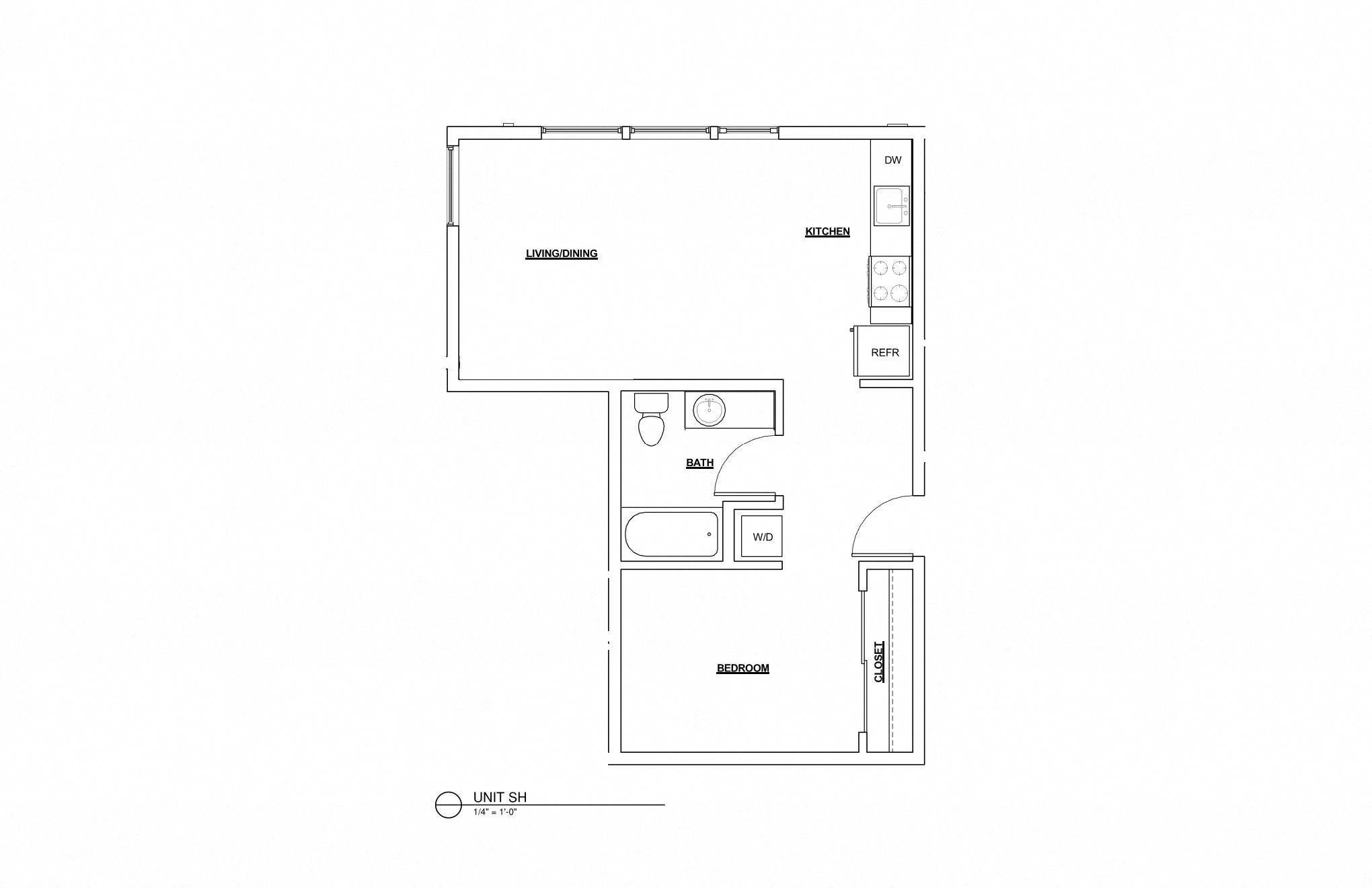 Floor plan for 1 bed, 1 bath, 585 sqft